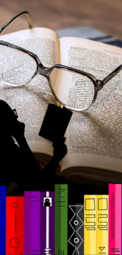 Open book with reading glasses and colorful bookshelf silhouette.