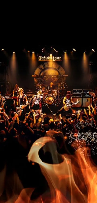 Dynamic live rock concert wallpaper with band and crowd on stage.