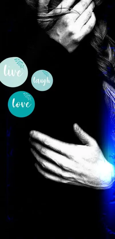 Live Laugh Love mobile wallpaper with hands and blue accents.