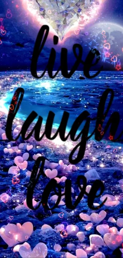 Live Laugh Love wallpaper with glowing hearts and a vibrant blue ocean at night.