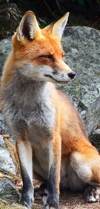 Vibrant red fox sitting among rocks in a natural setting.