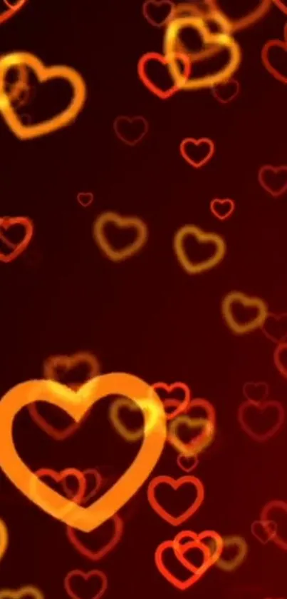 Vibrant dark red wallpaper with glowing hearts in orange and red hues.