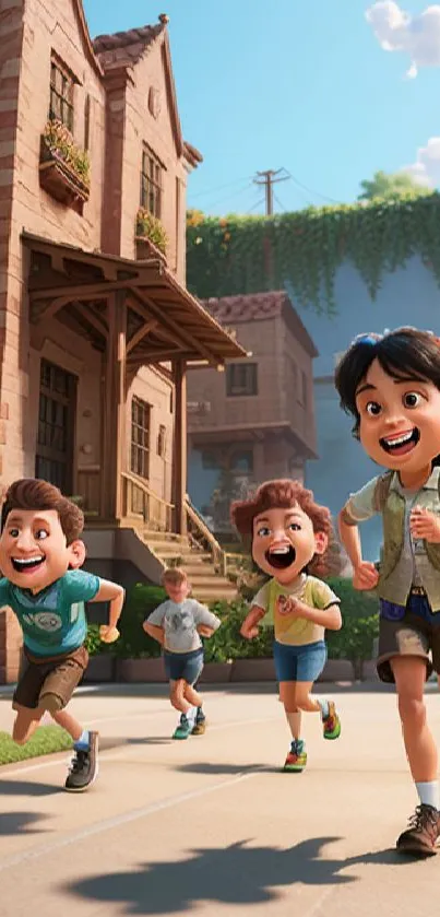 Animated kids running outdoors in a sunny, vibrant scene.