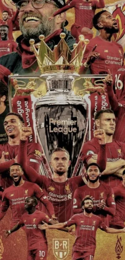 Liverpool Premier League champions wallpaper with trophy and players.