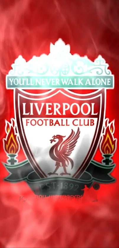 Liverpool FC emblem with red smoke background.