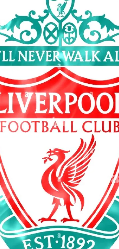 Liverpool FC emblem with red and green colors on a mobile wallpaper.