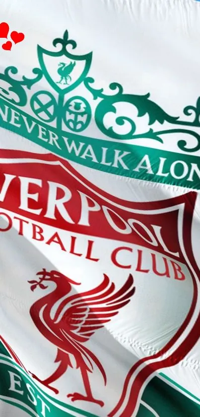 Liverpool FC flag waving with crest and motto.