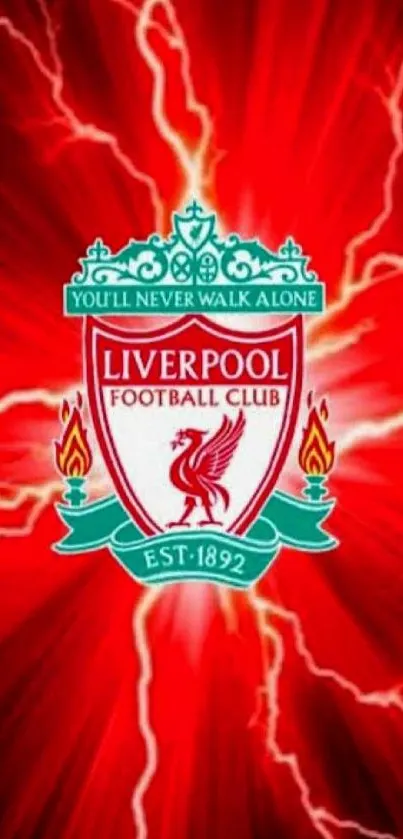 Liverpool football club logo with fiery red background.