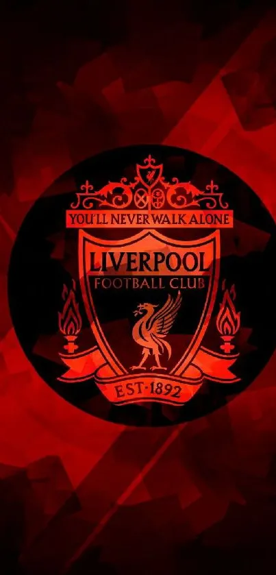 Liverpool FC emblem with red geometric background, 1892 established.