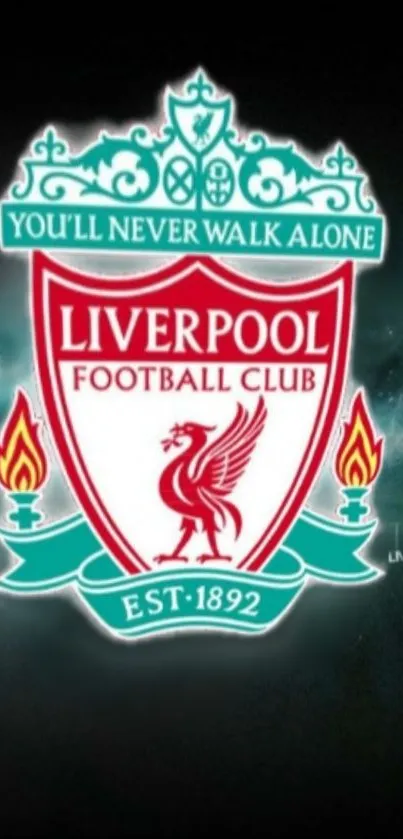 Liverpool Football Club emblem against a dark background with teal and red.