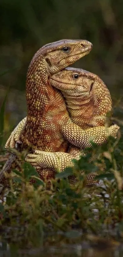 Two lizards embracing in lush greenery.