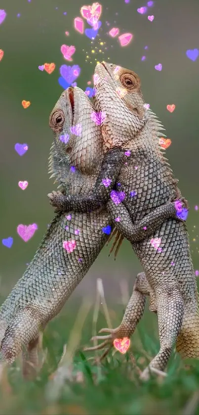 Two lizards embrace surrounded by green grass.