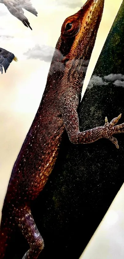 Lizard on a leaf, birds in the sky wallpaper.