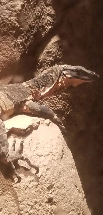 Lizard basking on a sunlit rock in desert landscape wallpaper.