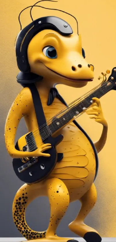 Cartoon lizard playing guitar with a yellow background.