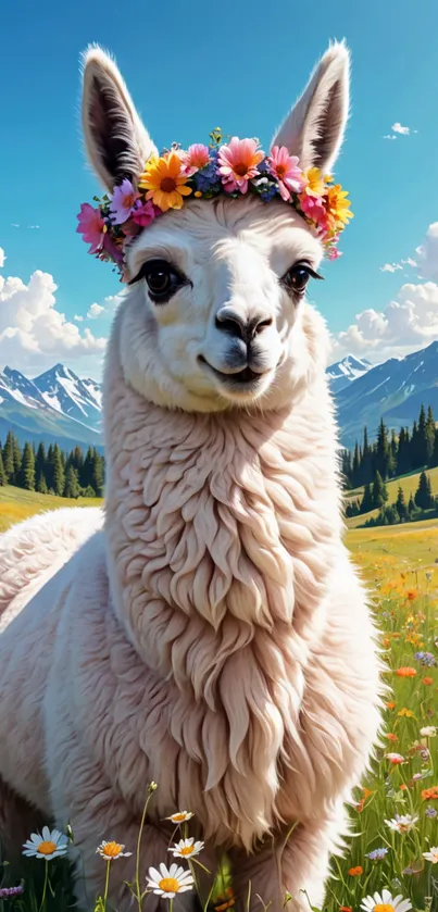 Llama with flower crown in scenic meadow.