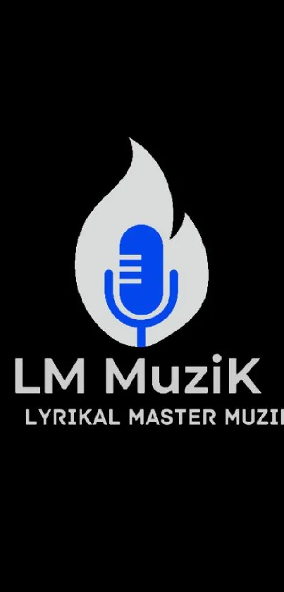 LM Muzik logo with blue microphone and flame on black background.