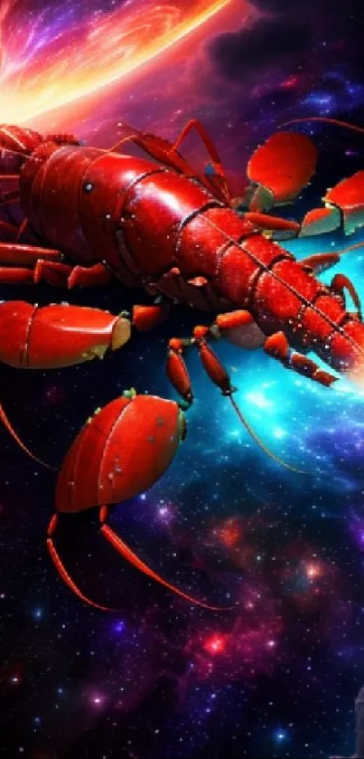 A vibrant red lobster in a cosmic galaxy setting for a unique wallpaper.