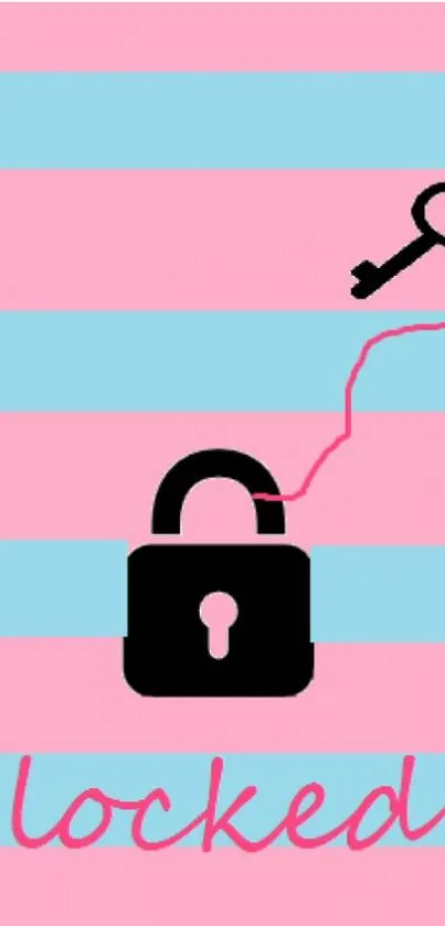 Lock and key on pink and blue striped wallpaper design.