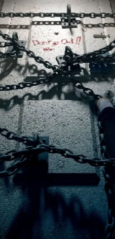 Chains and shadows on a locked door, creating an eerie, mysterious ambiance.