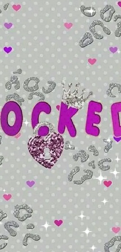 Locked phone wallpaper with pink glitter hearts and polka dots.