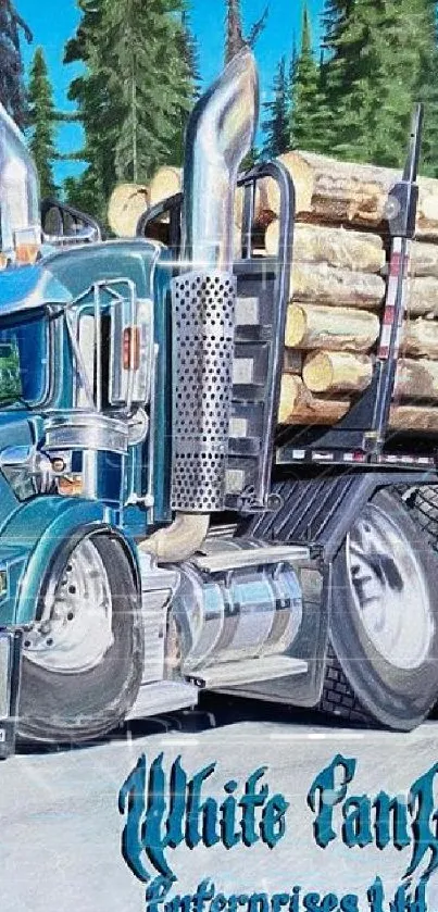 Artistic depiction of a log truck in a forested landscape.