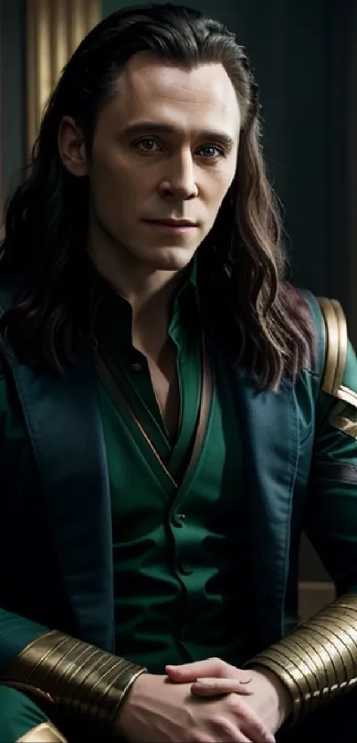 Loki-inspired character in green and gold attire sitting elegantly.