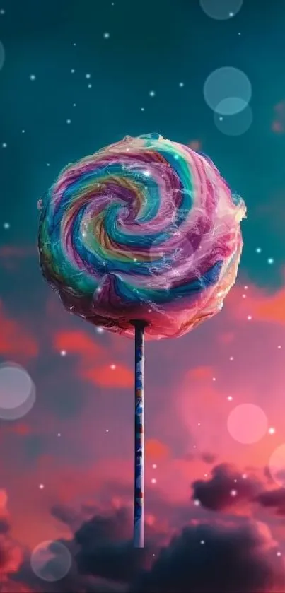 Colorful lollipop against a dreamy sky with vibrant hues and clouds.