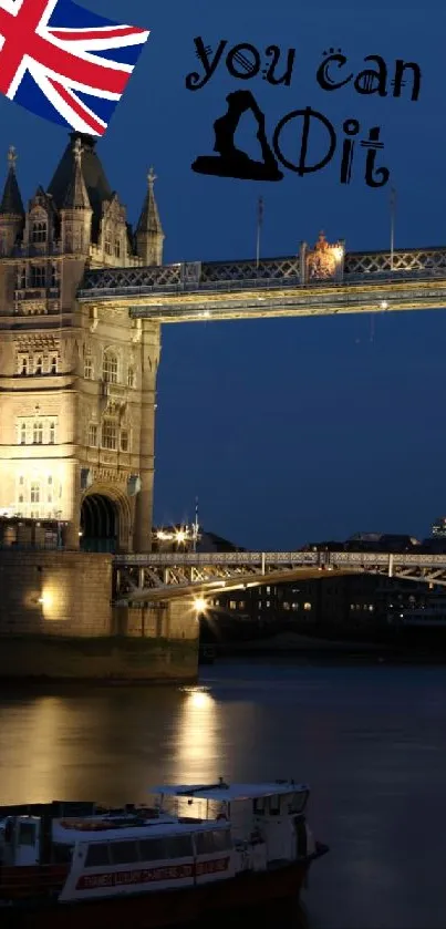 London's Tower Bridge at night with motivational text.