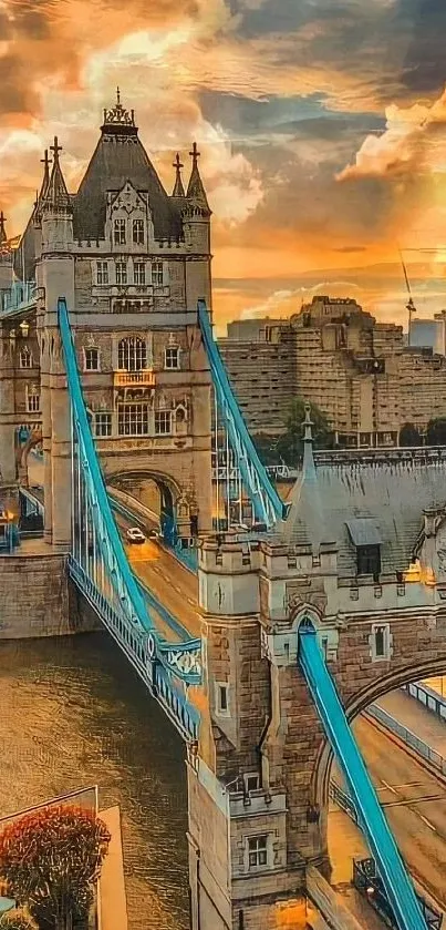 Sunset view of Tower Bridge in London with vibrant orange sky.