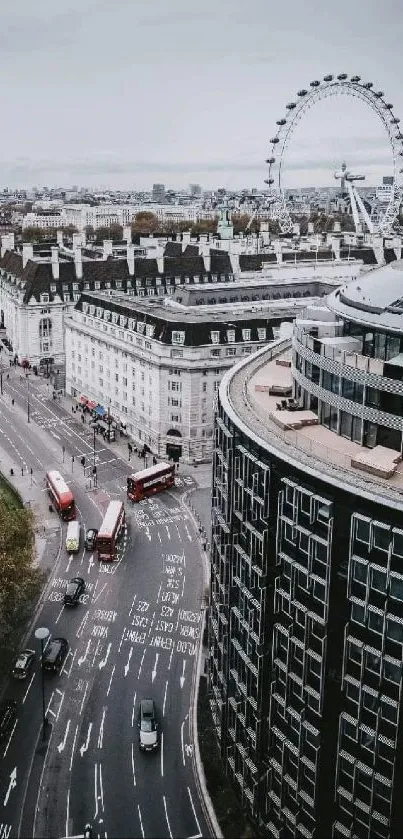 Aerial view of London's skyline with famous landmarks and city streets.