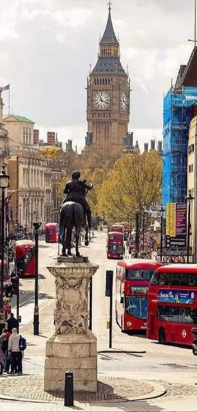 Iconic London cityscape with red buses and historic architecture.