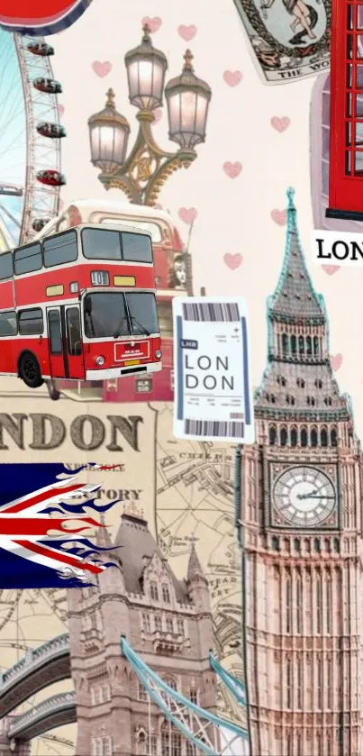 London collage wallpaper with iconic symbols.