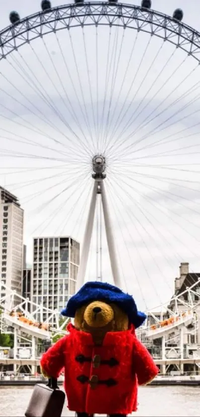 Bear with red coat and blue hat in front of London Eye.