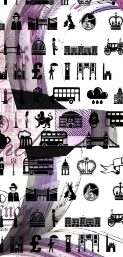 Mobile wallpaper with London themed icons in black and purple on a white background.