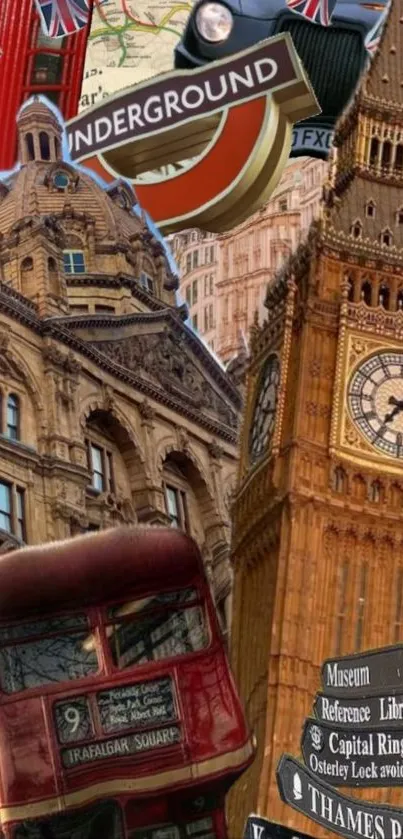 Collage of London landmarks including Big Ben and a red bus.