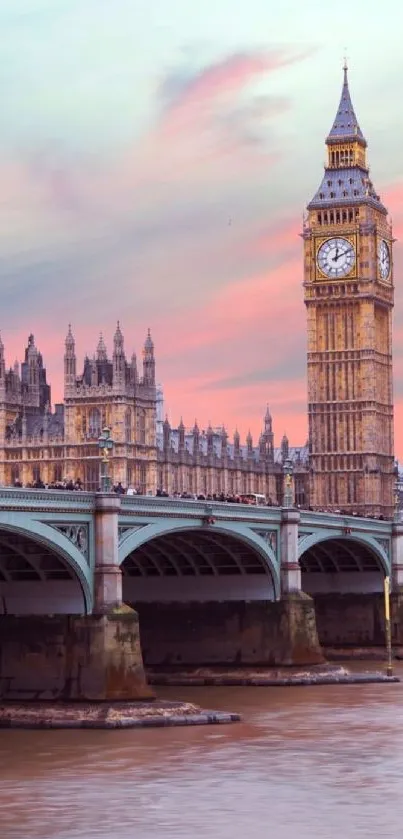 Big Ben and Westminster Bridge at sunset.