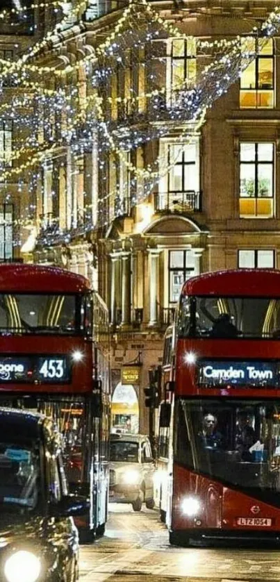 London street with red buses and festive lights at night.