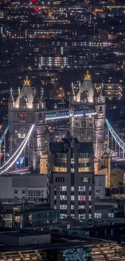 Night view of London with illuminated Tower Bridge and city skyline.