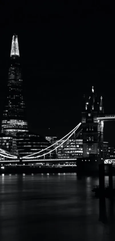 London skyline at night with The Shard and Tower Bridge illuminated.