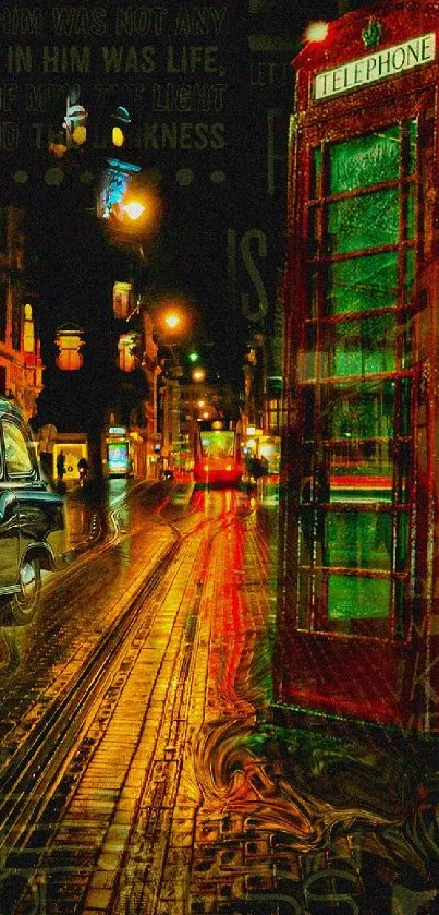 London street with red phone booth and black taxi at night.