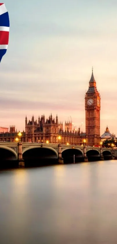 Big Ben and Westminster Bridge in London at sunset.