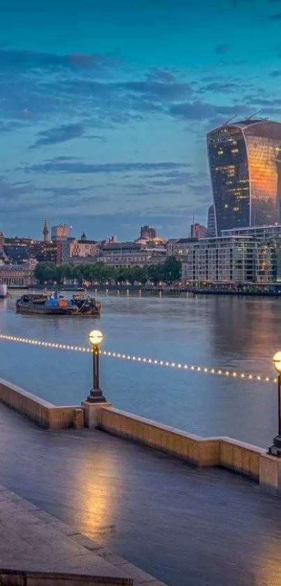 Mobile wallpaper of London skyline at dusk with river and city lights.