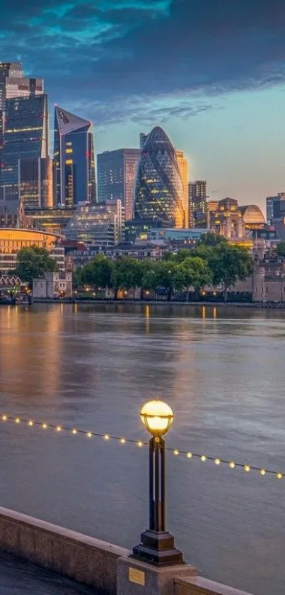 London skyline over Thames River at dusk.