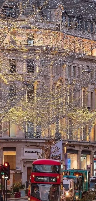 London street glowing with festive lights and busy city life.