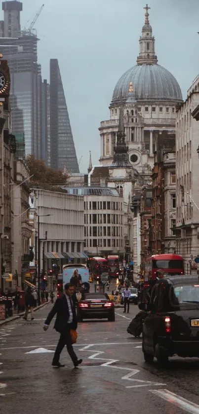 Bustling London street with iconic dome and traffic.