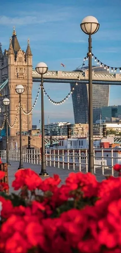 London's Tower Bridge with vibrant flowers.