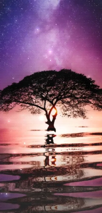 Lone tree at sunset with purple sky and water reflection.