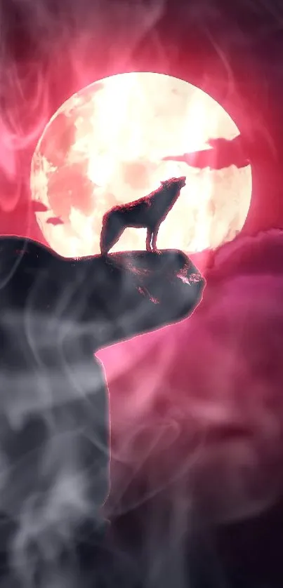 Silhouette of wolf howling under a vivid red moon against a dark sky.