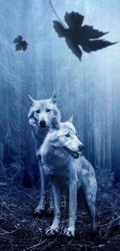 Two wolves in a misty blue forest with falling leaves.